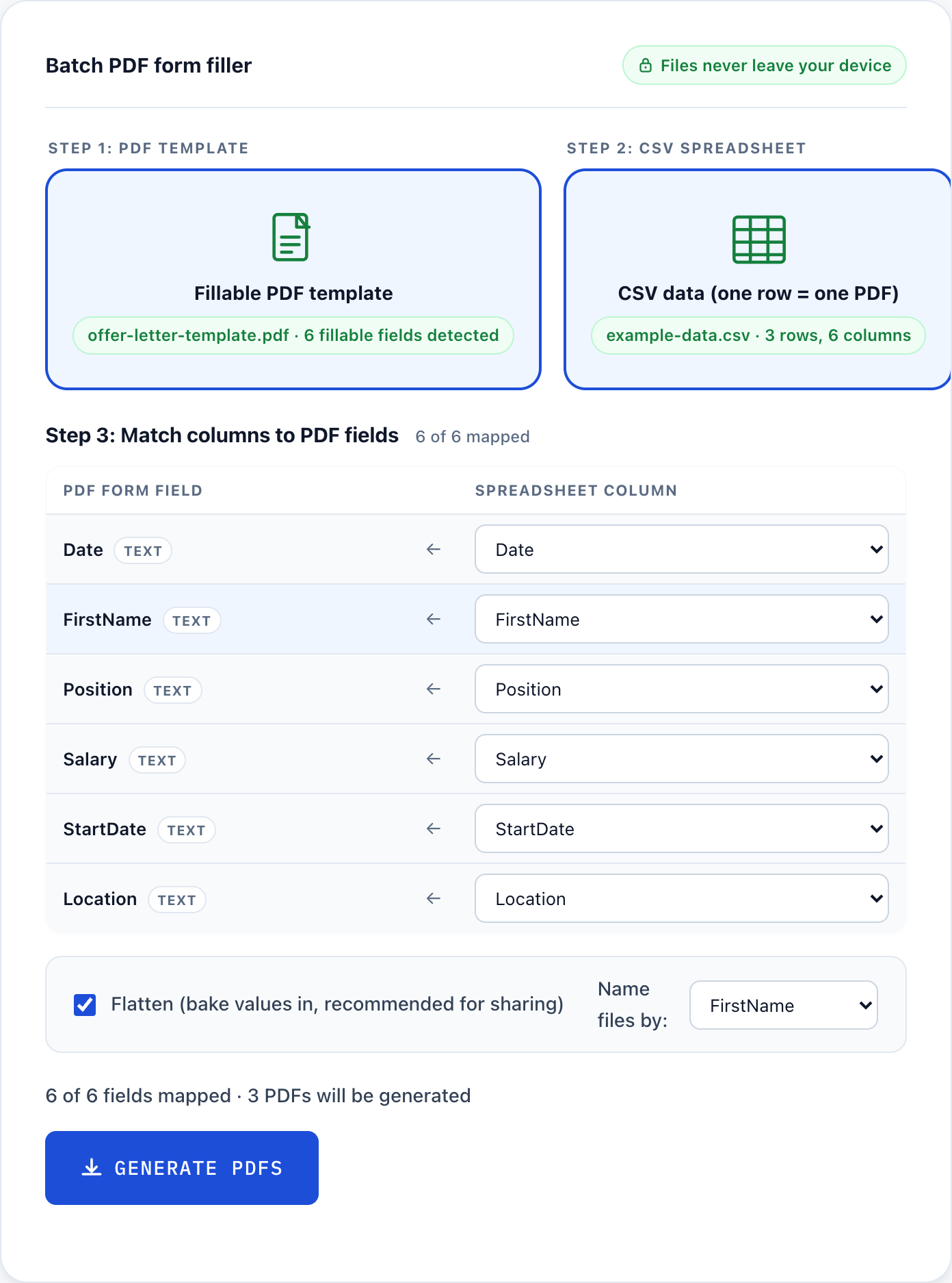 The batch PDF filler after loading the example: the offer-letter template and a three-row spreadsheet are detected, and the field-mapping table shows First name, Position, Salary, Start date and Location matched to their spreadsheet columns, ready to generate three filled PDFs.